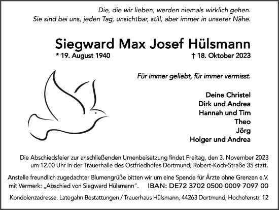 Traueranzeige von Siegward Max Josef Hülsmann 