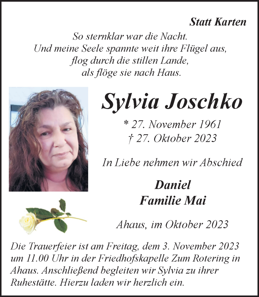 Traueranzeigen Von Sylvia Joschko Sich Erinnernde 9252