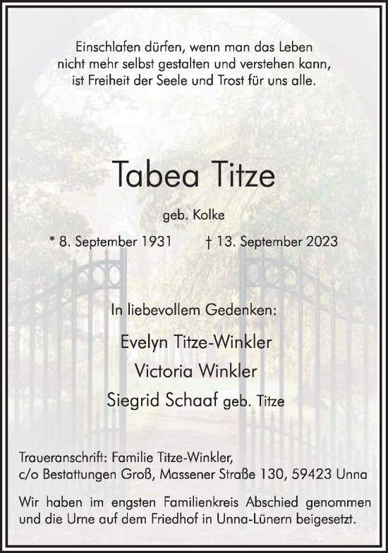 Traueranzeige von Tabea Titze von Hellweger Anzeiger