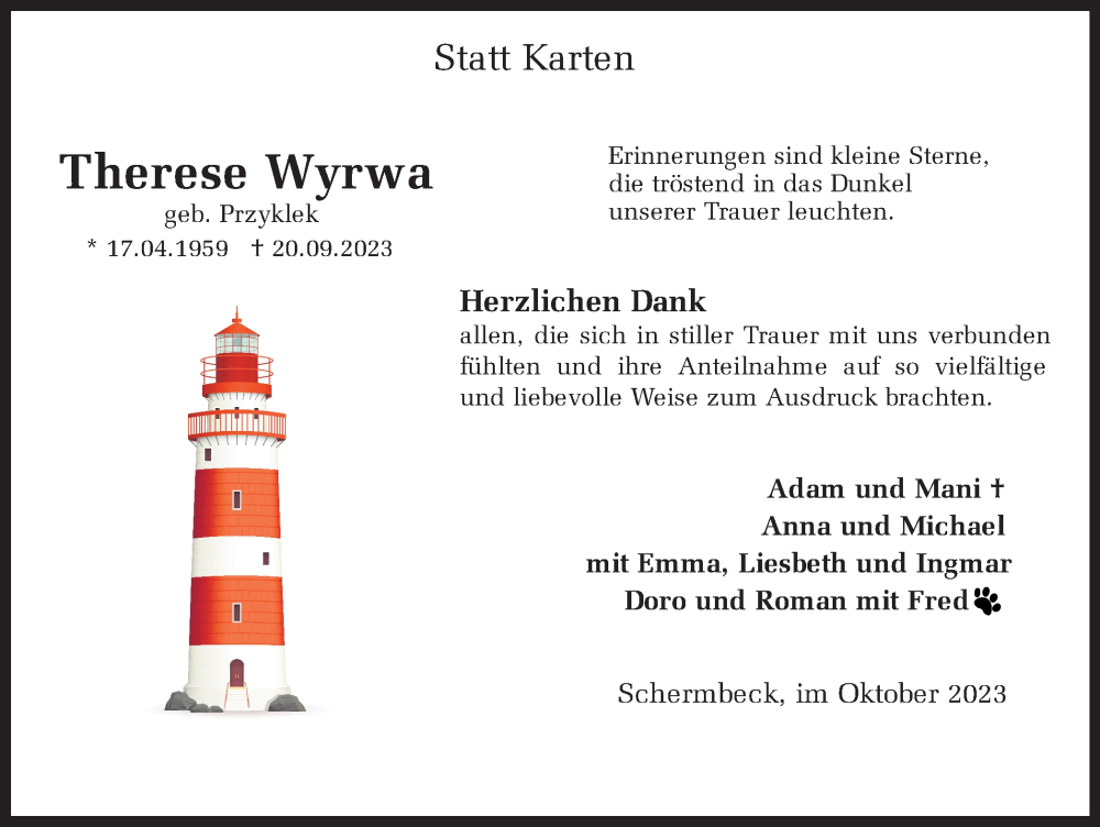  Traueranzeige für Therese Wyrwa vom 28.10.2023 aus Ruhr Nachrichten und Dorstener Zeitung