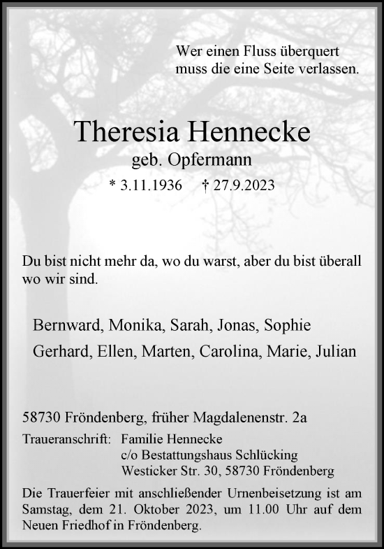 Traueranzeige von Theresia Hennecke von Hellweger Anzeiger