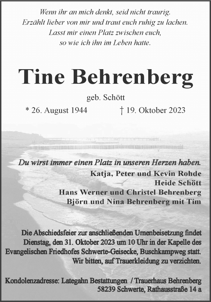  Traueranzeige für Tine Behrenberg vom 25.10.2023 aus 