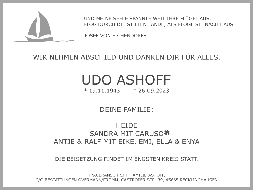  Traueranzeige für Udo Ashoff vom 07.10.2023 aus Medienhaus Bauer