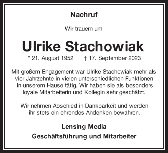 Traueranzeige von Ulrike Stachowiak 