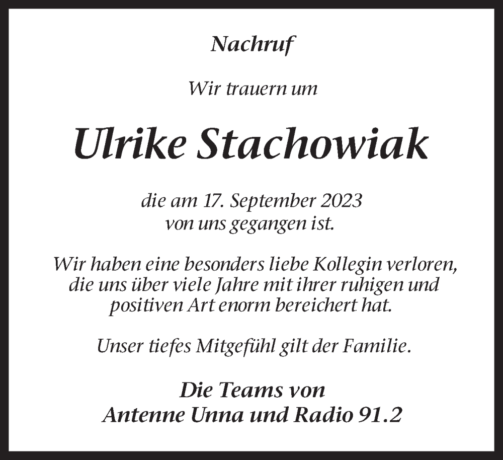  Traueranzeige für Ulrike Stachowiak vom 07.10.2023 aus Medienhaus Bauer
