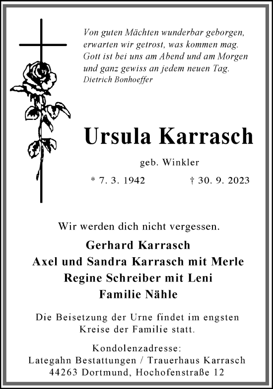 Traueranzeige von Ursula Karrasch 