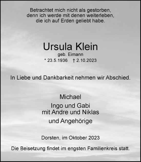 Traueranzeige von Ursula Klein von Ruhr Nachrichten und Dorstener Zeitung