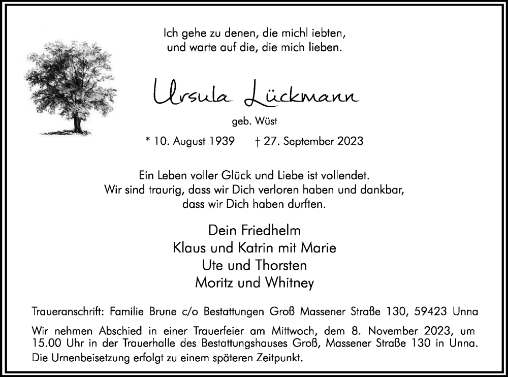  Traueranzeige für Ursula Lückmann vom 31.10.2023 aus Hellweger Anzeiger