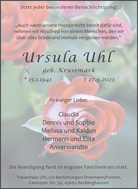 Traueranzeige von Ursula Uhl von Medienhaus Bauer