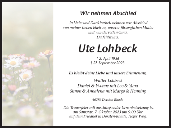Traueranzeige von Ute Lohbeck von Ruhr Nachrichten und Dorstener Zeitung