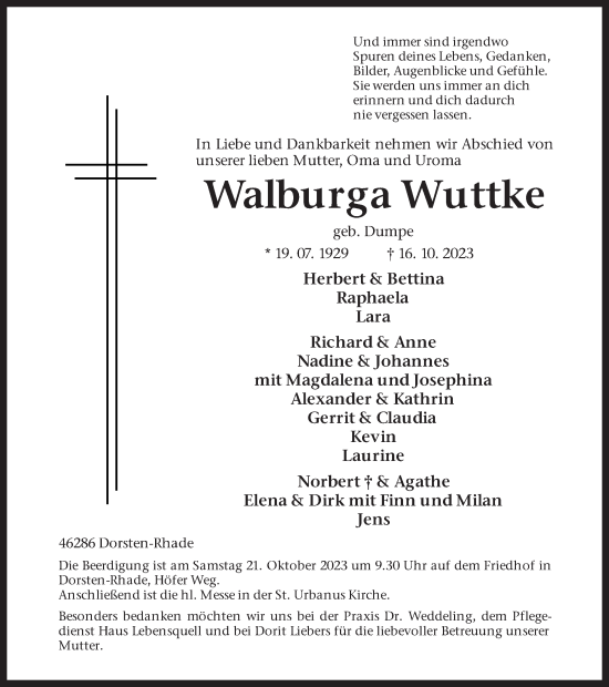 Traueranzeige von Walburga Wuttke von Ruhr Nachrichten und Dorstener Zeitung