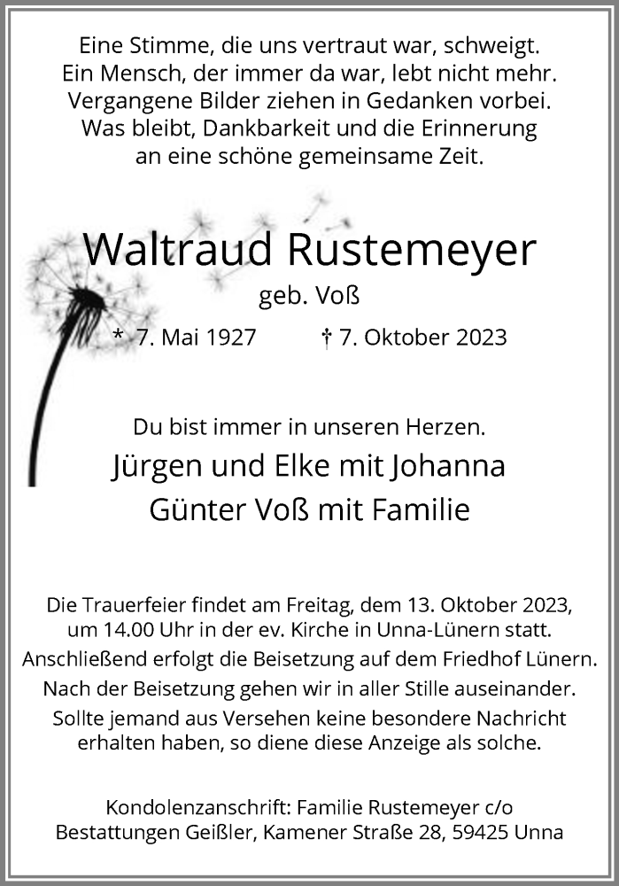  Traueranzeige für Waltraud Rustemeyer vom 10.10.2023 aus Hellweger Anzeiger