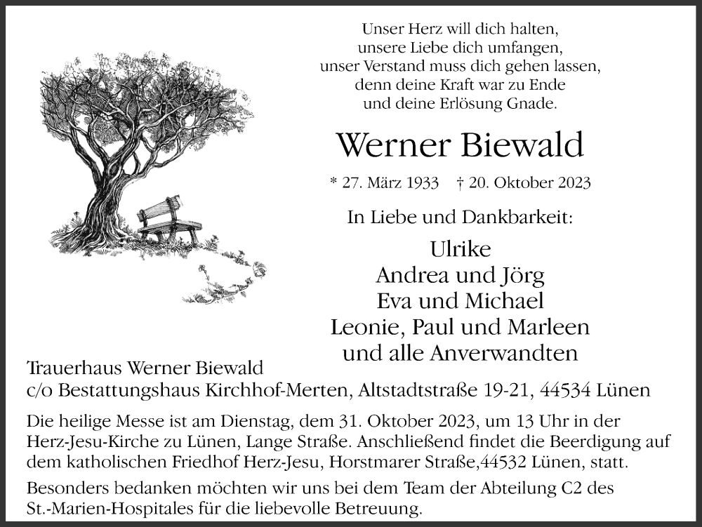  Traueranzeige für Werner Biewald vom 28.10.2023 aus Ruhr Nachrichten