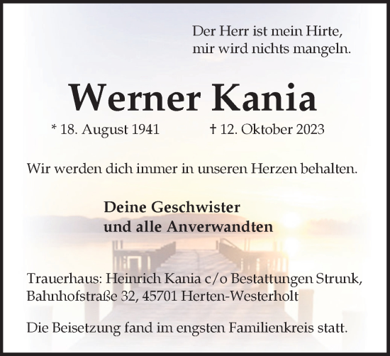 Traueranzeige von Werner Kania von Medienhaus Bauer