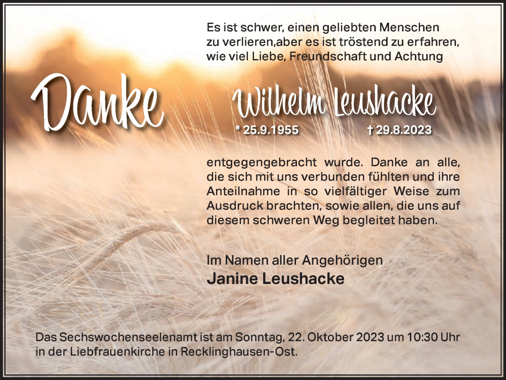  Traueranzeige für Wilhelm Leushacke vom 21.10.2023 aus Medienhaus Bauer