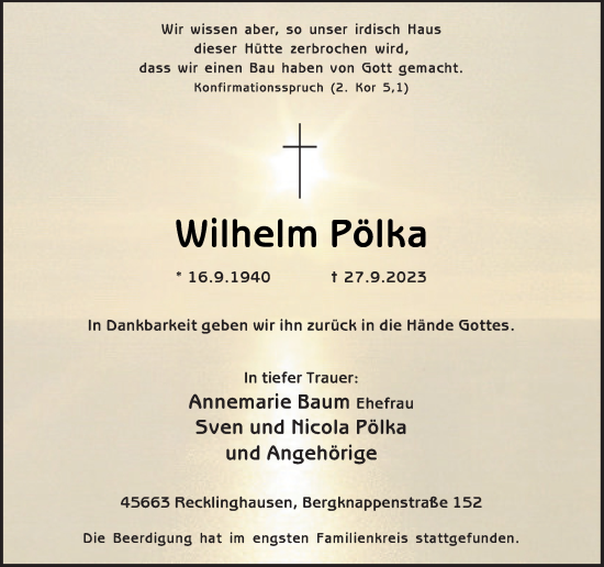 Traueranzeige von Wilhelm Pölka von Medienhaus Bauer