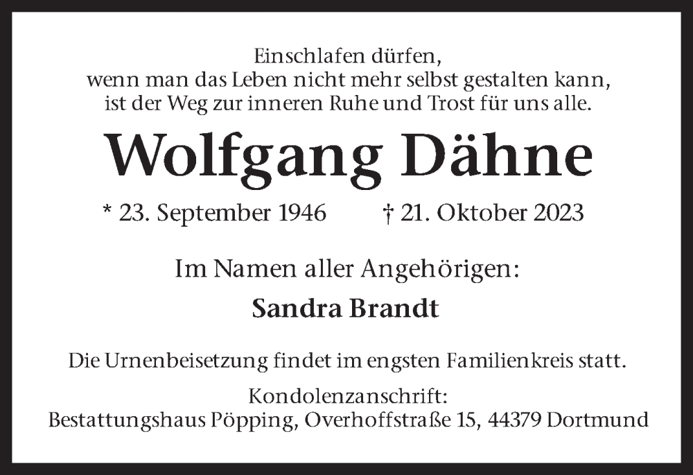  Traueranzeige für Wolfgang Dähne vom 28.10.2023 aus 