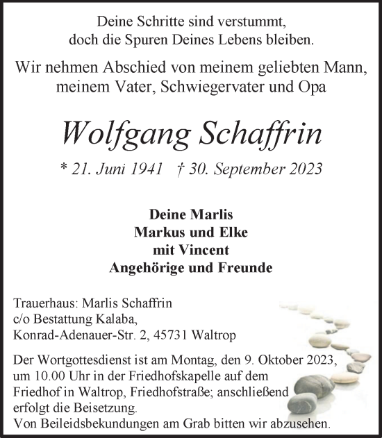 Traueranzeige von Wolfgang Schaffrin von Medienhaus Bauer