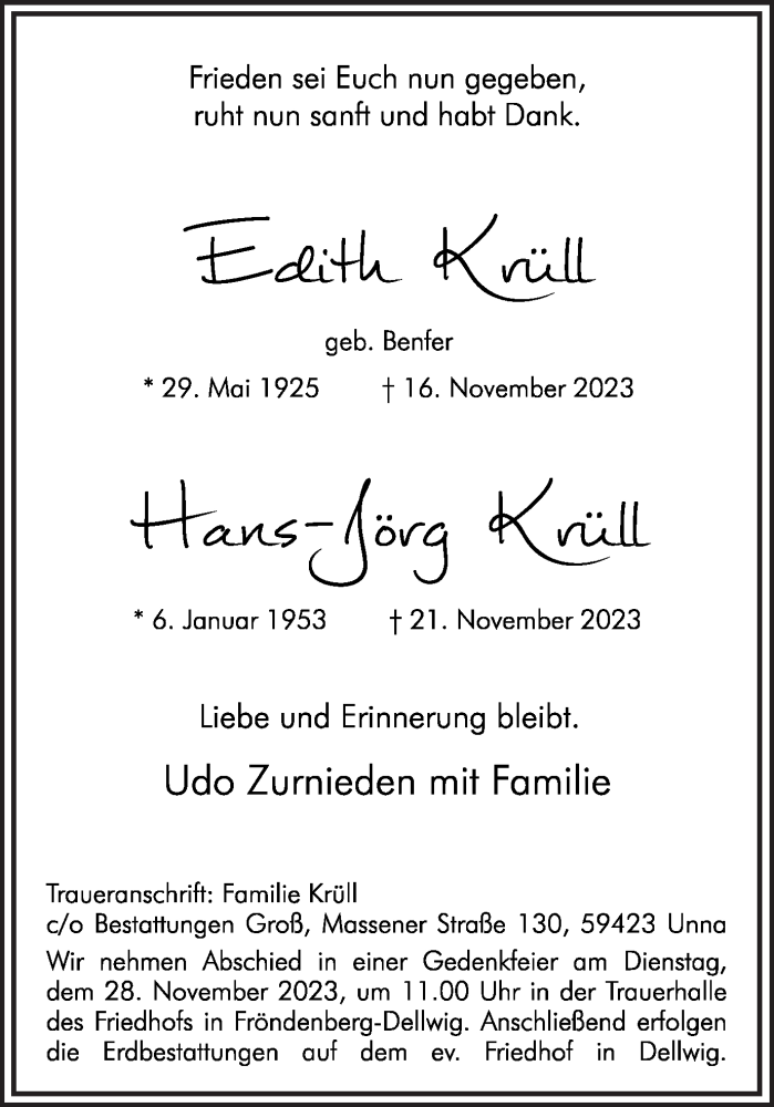  Traueranzeige für Hans-Jörg Krüll vom 25.11.2023 aus Hellweger Anzeiger