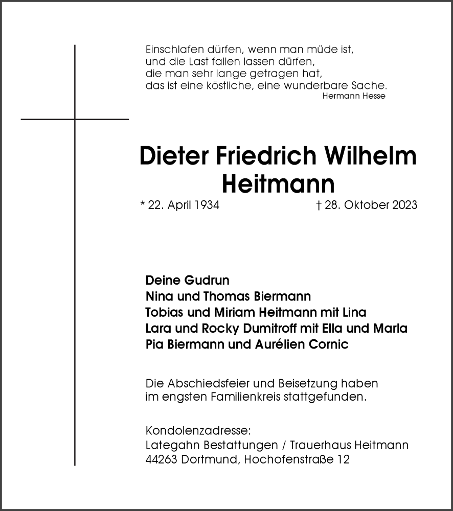  Traueranzeige für Dieter Friedrich Wilhelm Heitmann vom 04.11.2023 aus 