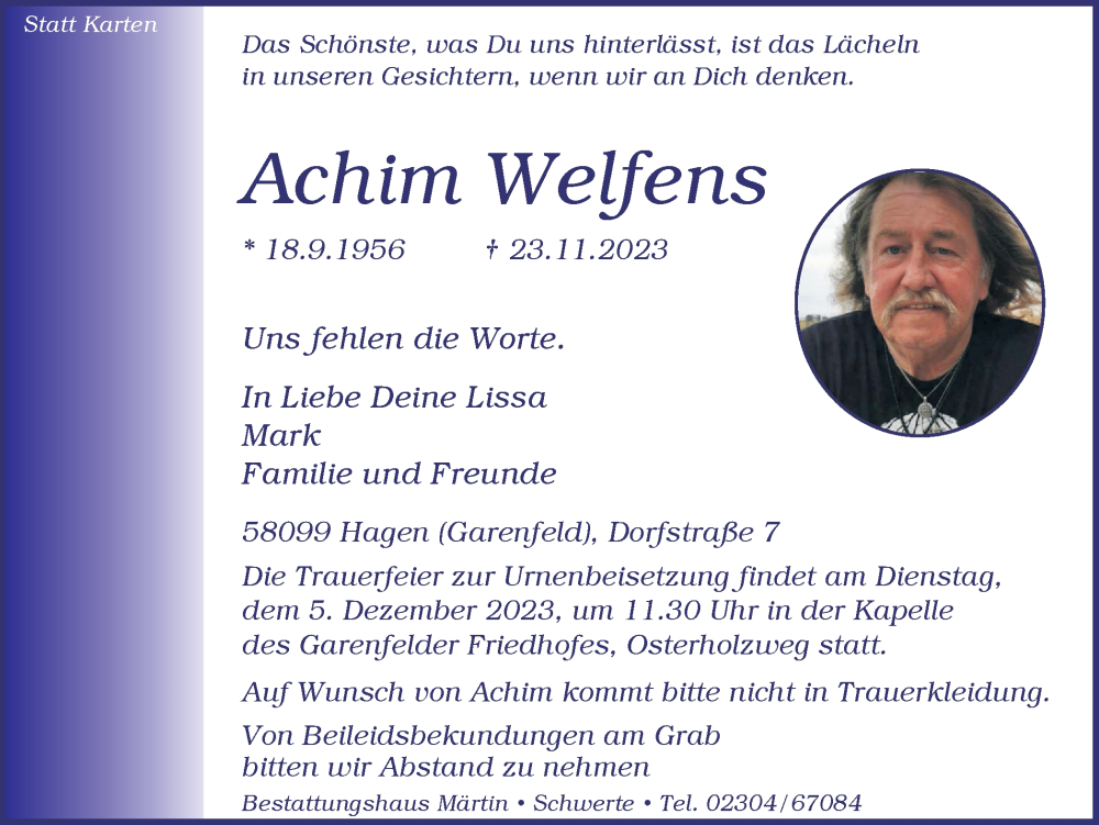  Traueranzeige für Achim Welfens vom 29.11.2023 aus Ruhr Nachrichten