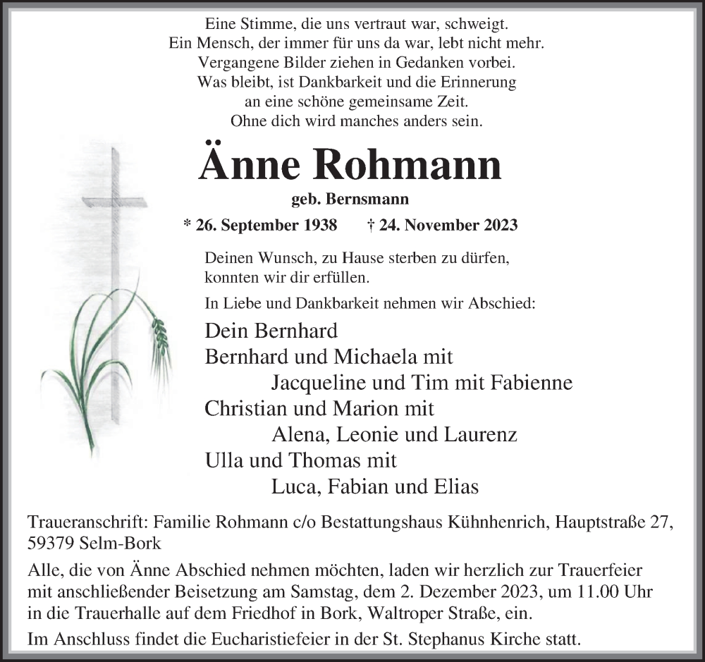  Traueranzeige für Änne Rohmann vom 29.11.2023 aus Ruhr Nachrichten
