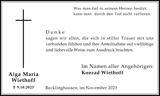 Traueranzeige von Aiga Maria Wiethoff von Medienhaus Bauer