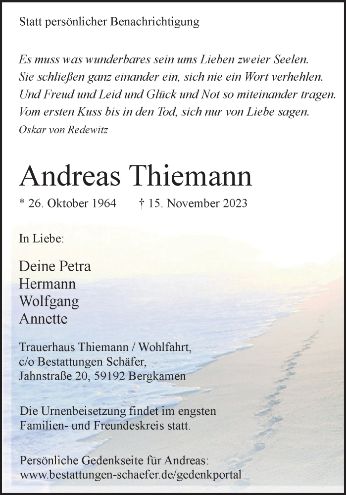  Traueranzeige für Andreas Thiemann vom 18.11.2023 aus Hellweger Anzeiger