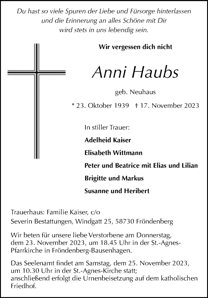  Traueranzeige für Anni Haubs vom 21.11.2023 aus Hellweger Anzeiger