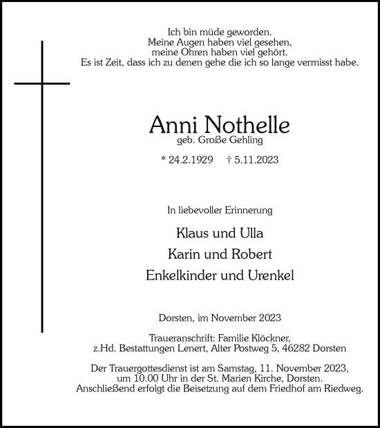 Traueranzeige von Anni Nothelle von Ruhr Nachrichten und Dorstener Zeitung