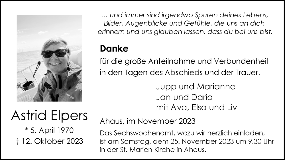  Traueranzeige für Astrid Elpers vom 21.11.2023 aus Münstersche Zeitung und Münsterland Zeitung