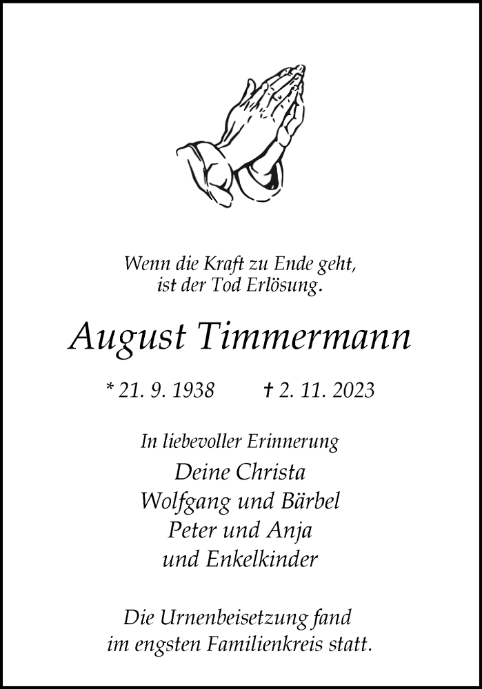  Traueranzeige für August Timmermann vom 21.11.2023 aus Ruhr Nachrichten und Dorstener Zeitung