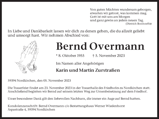 Traueranzeige von Bernd Overmann von Ruhr Nachrichten
