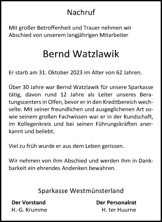 Traueranzeige von Bernd Watzlawik von Ruhr Nachrichten