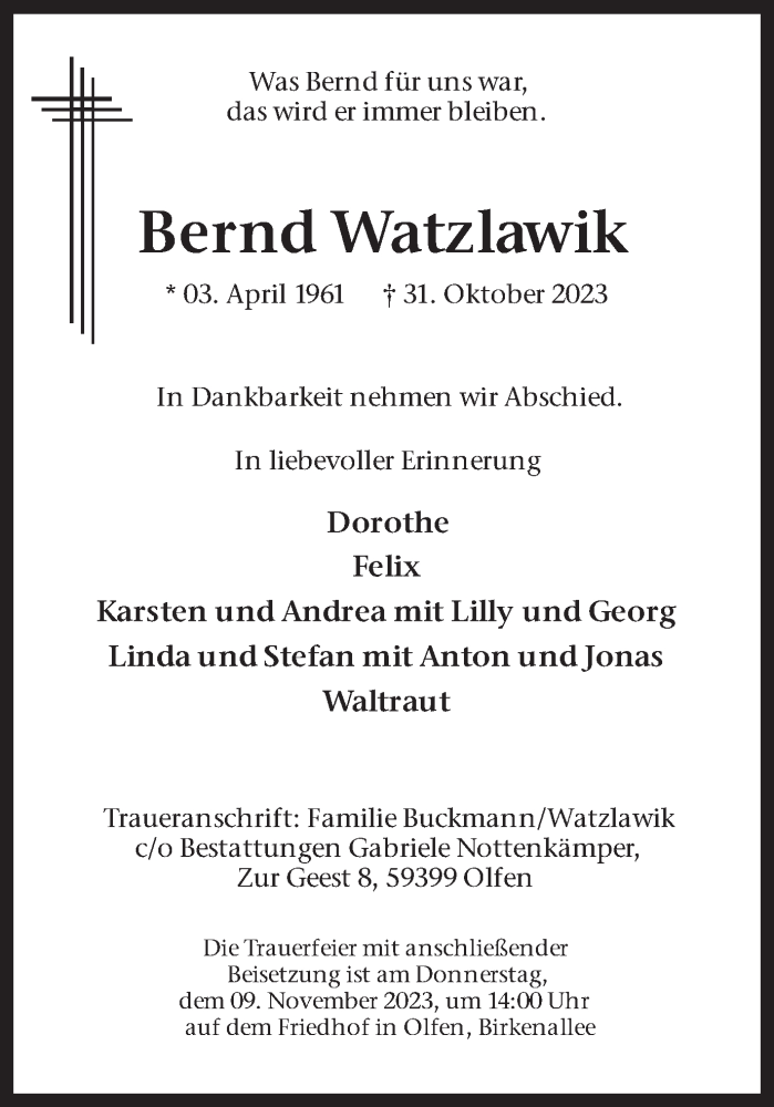  Traueranzeige für Bernd Watzlawik vom 04.11.2023 aus Ruhr Nachrichten
