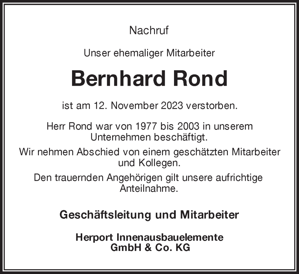  Traueranzeige für Bernhard Rond vom 21.11.2023 aus Münstersche Zeitung und Münsterland Zeitung