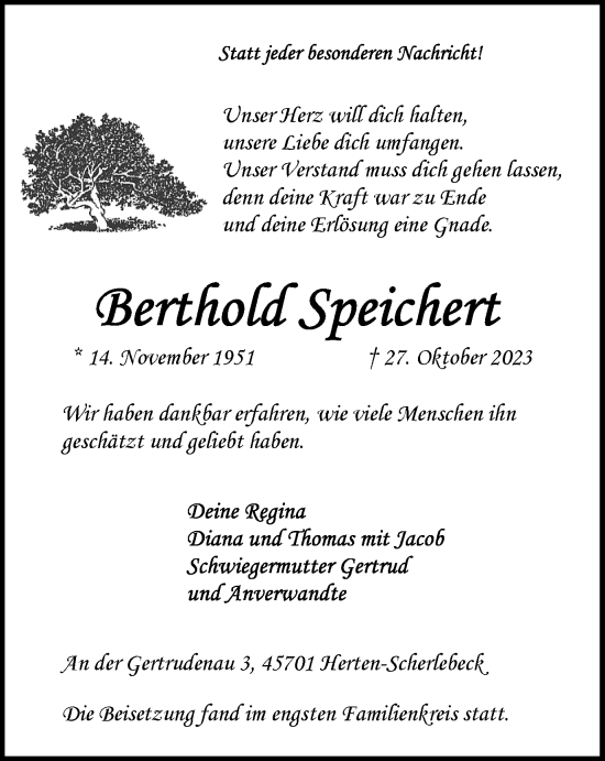 Traueranzeige von Berthold Speichert von Medienhaus Bauer