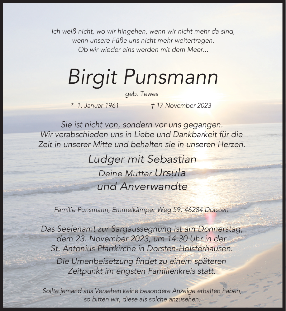  Traueranzeige für Birgit Punsmann vom 20.11.2023 aus Ruhr Nachrichten und Dorstener Zeitung