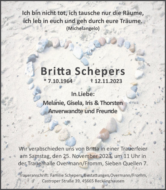 Traueranzeige von Britta Schepers von Medienhaus Bauer