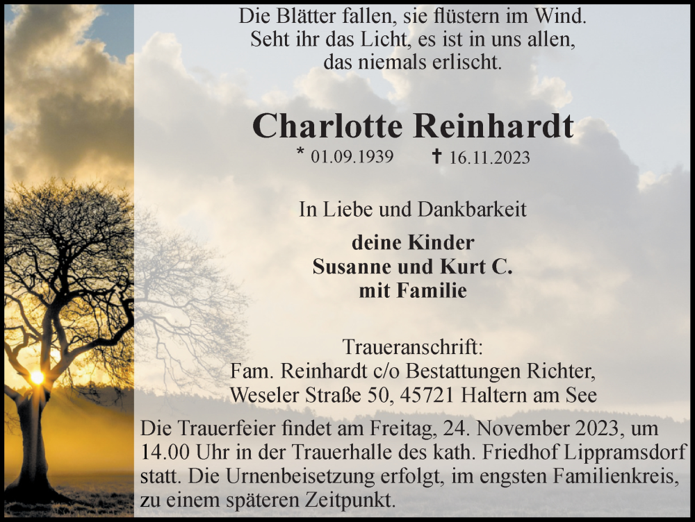  Traueranzeige für Charlotte Reinhardt vom 18.11.2023 aus Ruhr Nachrichten und Halterner Zeitung