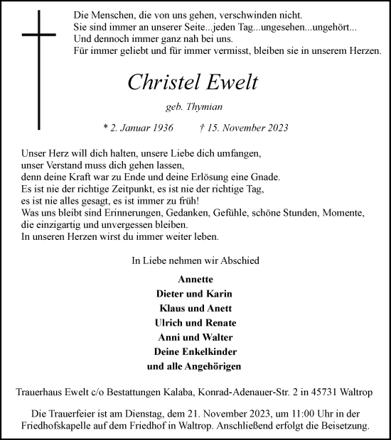 Traueranzeige von Christel Ewelt von Medienhaus Bauer