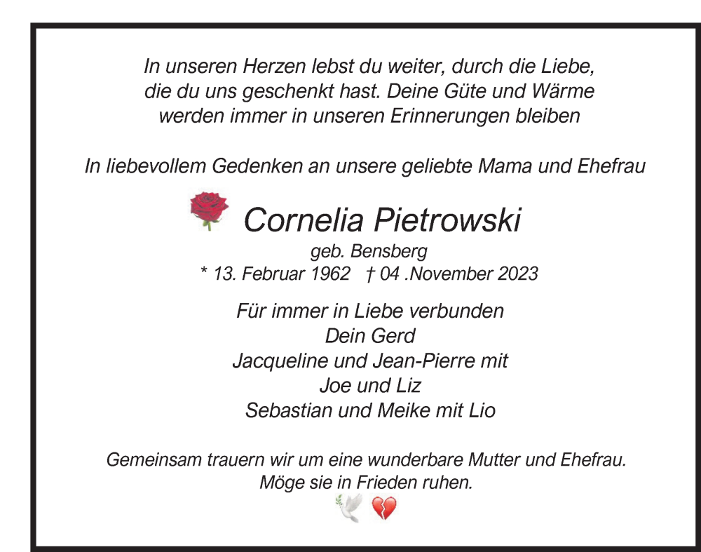  Traueranzeige für Cornelia Pietrowski vom 21.11.2023 aus Ruhr Nachrichten und Dorstener Zeitung