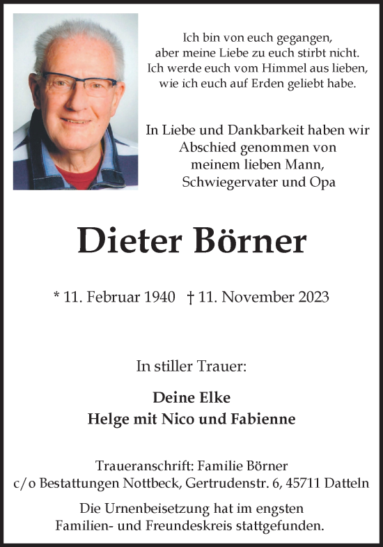 Traueranzeige von Dieter Börner von Medienhaus Bauer