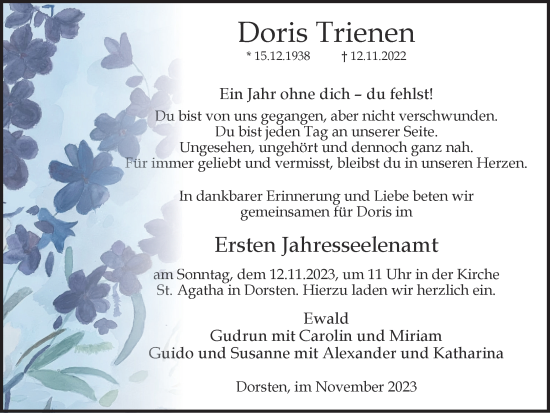 Traueranzeige von Doris Trienen von Ruhr Nachrichten und Dorstener Zeitung