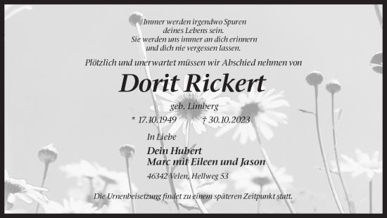 Traueranzeige von Dorit Rickert von Ruhr Nachrichten und Dorstener Zeitung