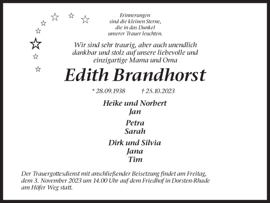 Traueranzeige von Edith Brandhorst von Ruhr Nachrichten und Dorstener Zeitung