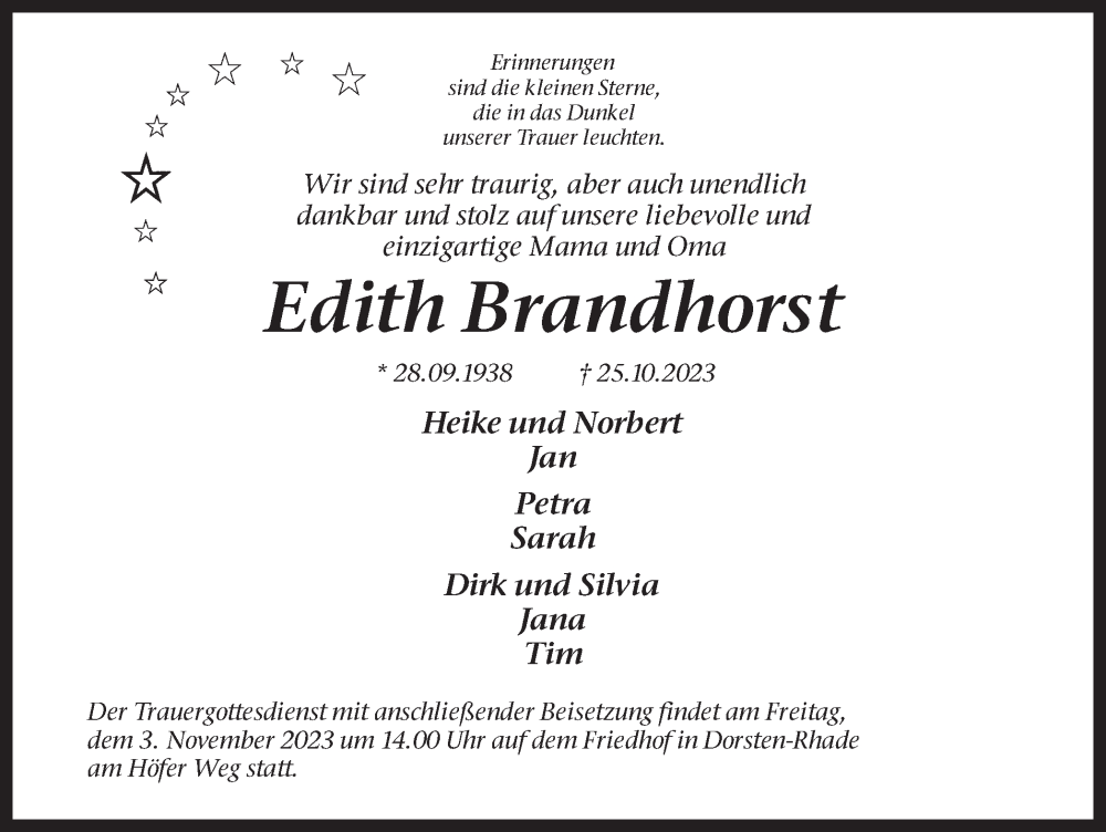  Traueranzeige für Edith Brandhorst vom 01.11.2023 aus Ruhr Nachrichten und Dorstener Zeitung