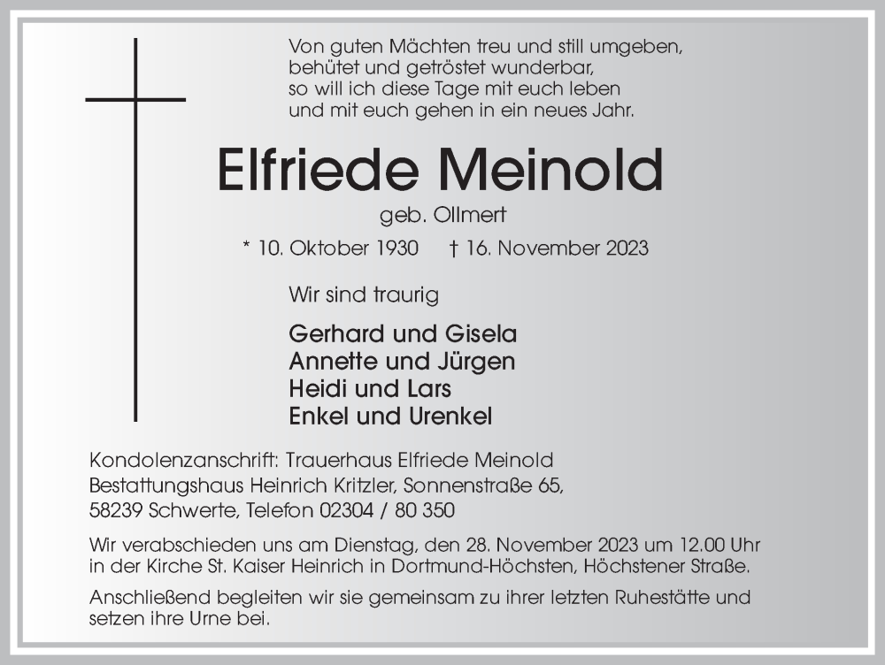  Traueranzeige für Elfriede Meinold vom 18.11.2023 aus 