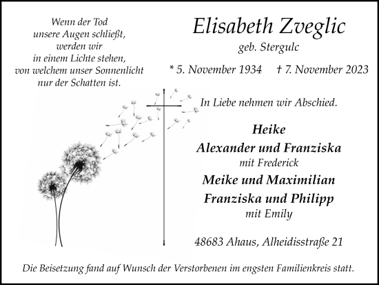 Traueranzeige von Elisabeth Zveglic von Münstersche Zeitung und Münsterland Zeitung