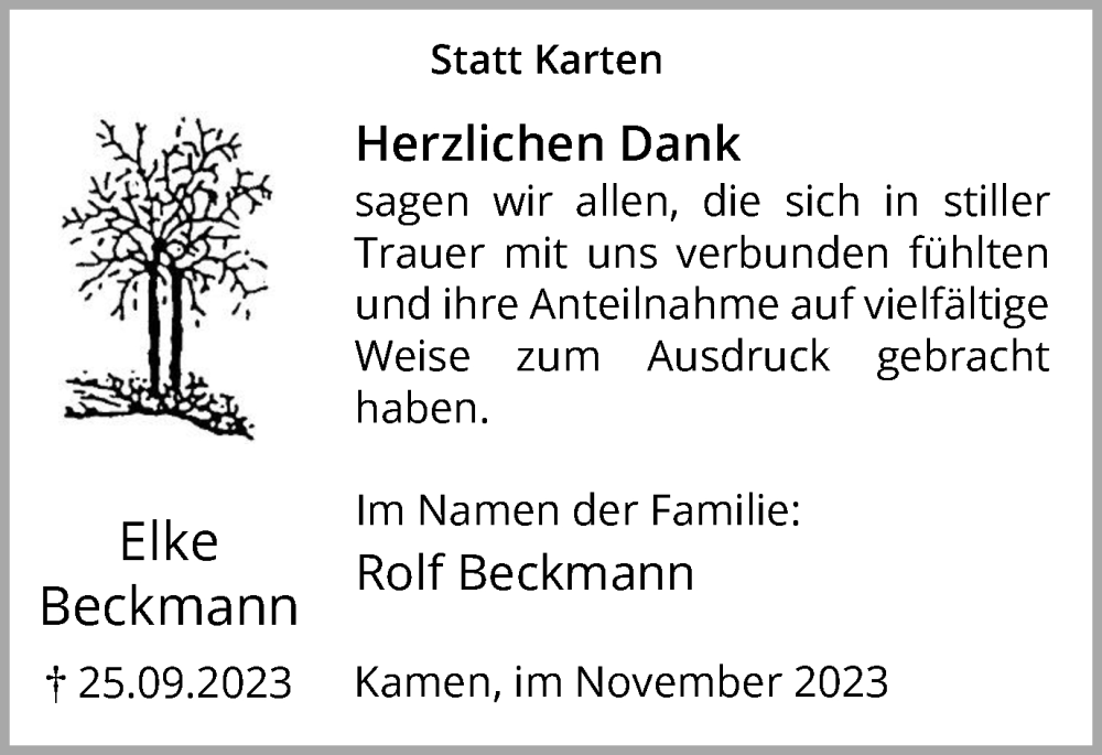  Traueranzeige für Elke Beckmann vom 11.11.2023 aus Hellweger Anzeiger